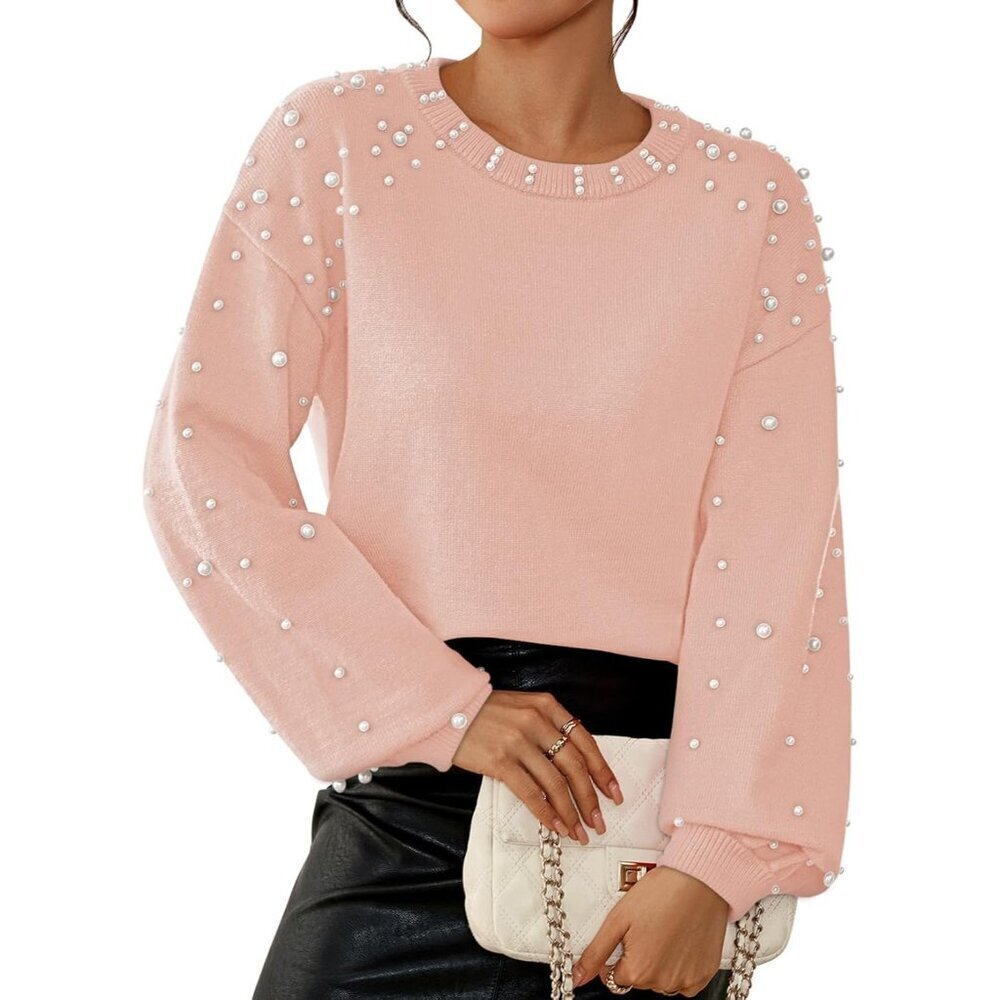 Women’s Pearl Sweater Chunky Knit Crewneck Lantern Sleeve Fall Winter